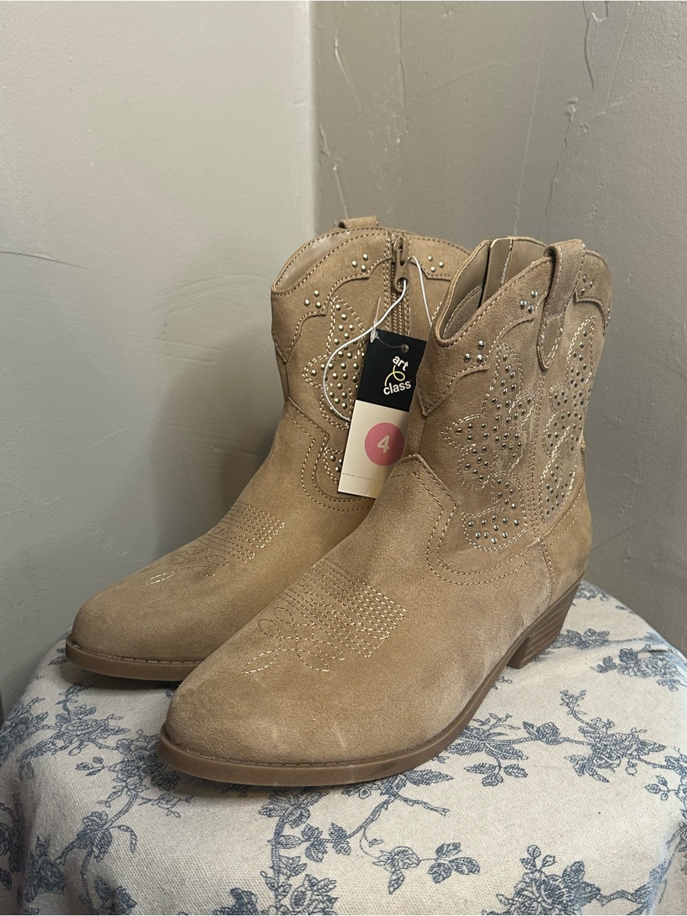 art class Tan Suede Western Kids Boots with Stud Accents